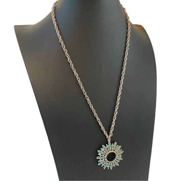 Vintage Silver Toned Faux Turquoise Circular Pendant on Rope Chain - Picture 2 of 6